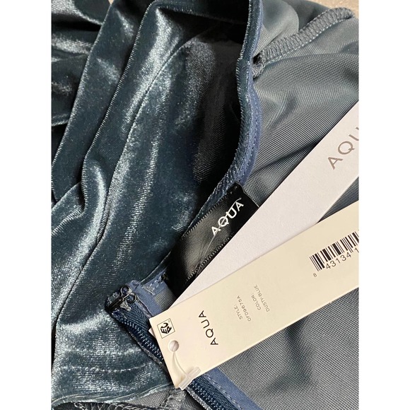 Aqua Blue-Gray Velvet Shimmer Stretch Deep V-Neck Plunge Cocktail Party Dress - Picture 10 of 13